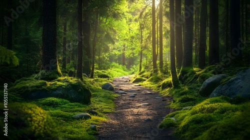 Serene and Tranquil 3D Rendering of a Winding Forest Path Lined with Moss Covered Rocks and Dappled Sunlight Filtering Through the Lush Foliage