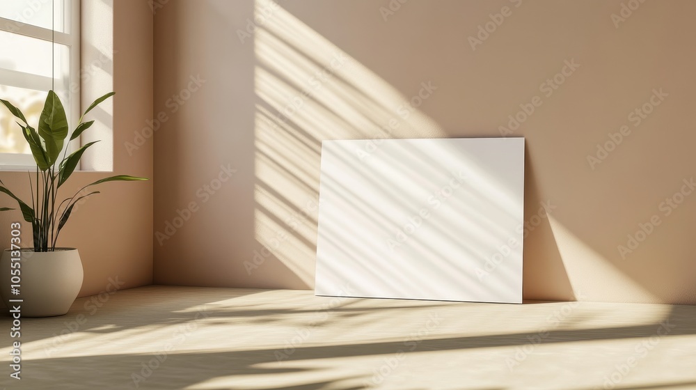 Fototapeta premium A simple certificate mockup rests against a wall, basking in the sunlight of a serene room