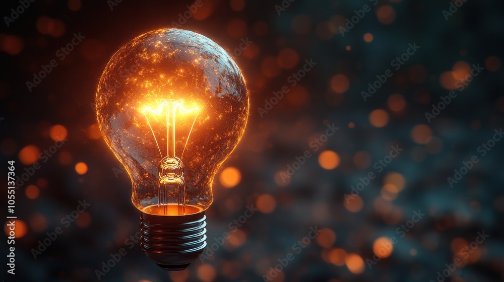 A glowing light bulb emits warm light against a dark background. A glowing light bulb emits warm light against a dark background.