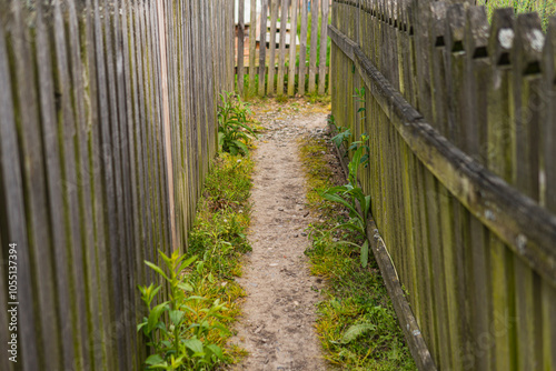 old wooden carved fence covered with green tarnish