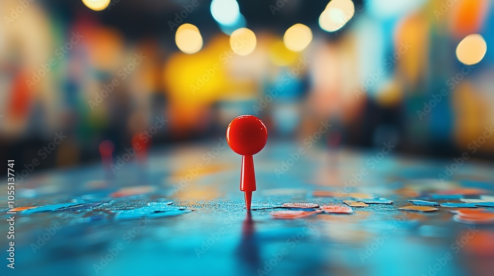 Single bright red push pin in focus on a whiteboard, with additional colorful pins blurred in the background, soft light, vibrant color contrast Single bright red push pin in focus on a whiteboard, with additional colorful pins blurred in the background, soft light, vibrant color contrast