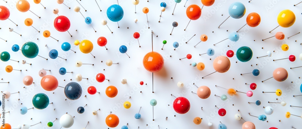 Whiteboard with multihued push pins placed around a central pin, with light reflecting subtly, creating a sense of depth and space Whiteboard with multihued push pins placed around a central pin, with light reflecting subtly, creating a sense of depth and space