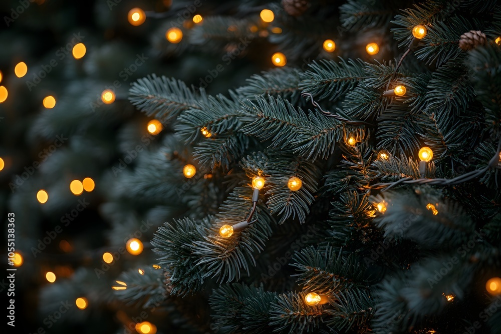 Fototapeta premium Festive string lights on evergreen branches