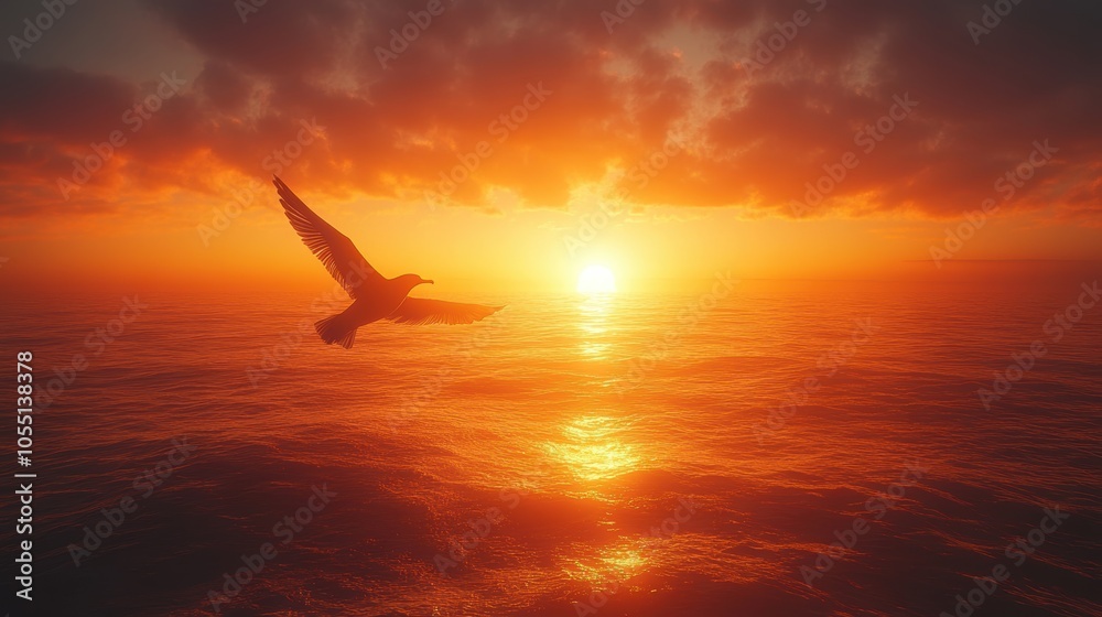 Graceful bird soaring above tranquil ocean waves during a vibrant sunset, capturing the essence of freedom and serenity. Graceful bird soaring above tranquil ocean waves during a vibrant sunset, capturing the essence of freedom and serenity.
