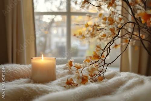 Cozy blanket and candle by the window photo