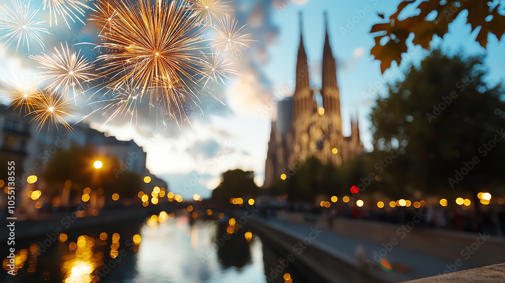 Naklejka premium Dramatic fireworks illuminate cathedral spires in european night sky reflection over river