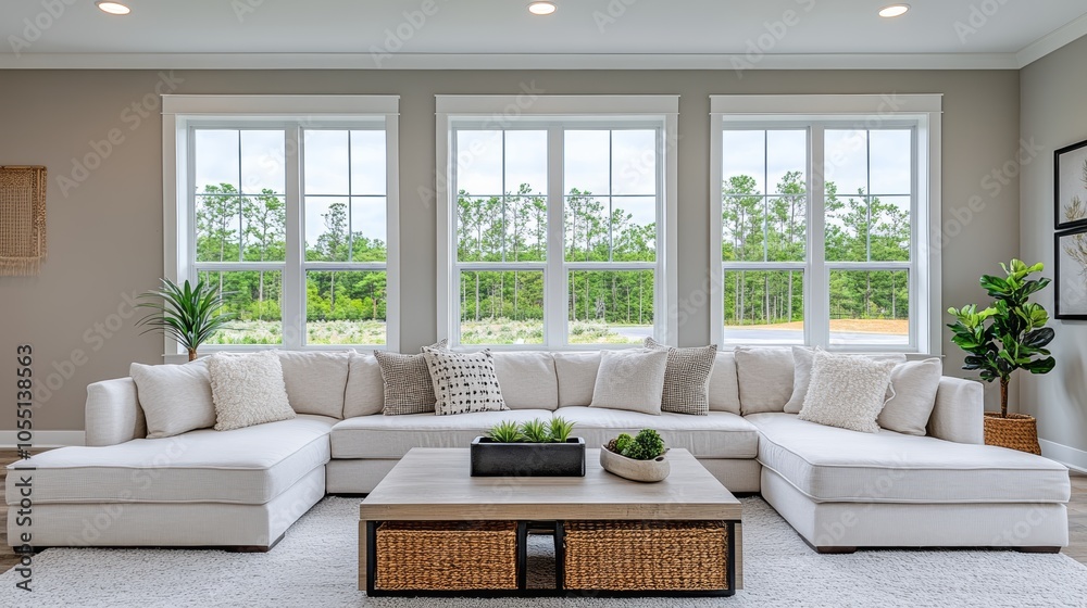 A white sectional sofa sits in front of large windows overlooking a green grassy field. There is a coffee table in front of the sofa with a vase of plants and a decorative bowl. A white sectional sofa sits in front of large windows overlooking a green grassy field. There is a coffee table in front of the sofa with a vase of plants and a decorative bowl.