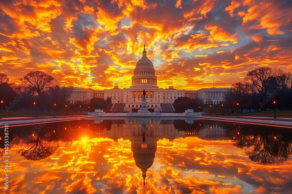 Obraz premium A breathtaking view of the United States Capitol building at sunrise with dramatic fiery clouds reflecting in the pool, creating a vibrant and majestic scene