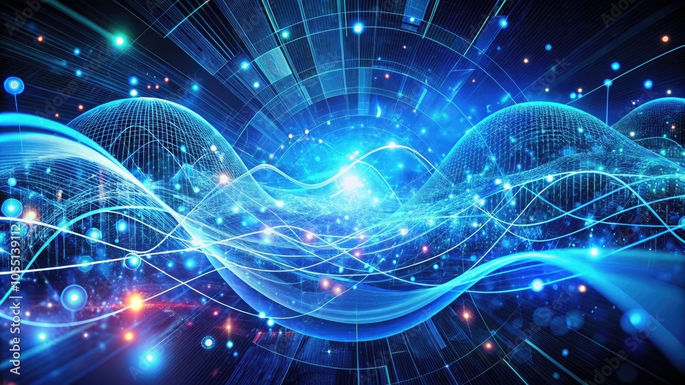 Obraz premium Abstract Blue Tech Background: Digital Waves, Network Systems, Neural Connections, Quantum Computing, and Global Intelligence for Futuristic Aesthetics and Innovation