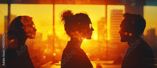 Silhouetted Business Team in Office with Vibrant Sunset Background Reflecting Modern Urban Skyline