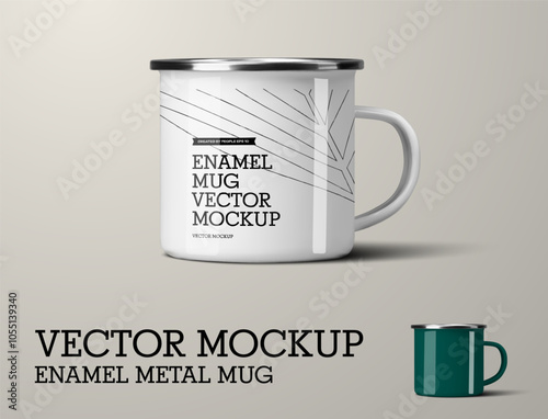 Vector enameled metal mug mockup, white, green cup for design, branding, pattern, print.