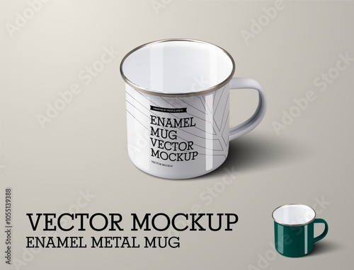Vector enameled metal mug template with handle, mirror border, top view, white, green cup for design, branding.
