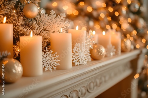 Holiday candles and snowflakes on mantle photo