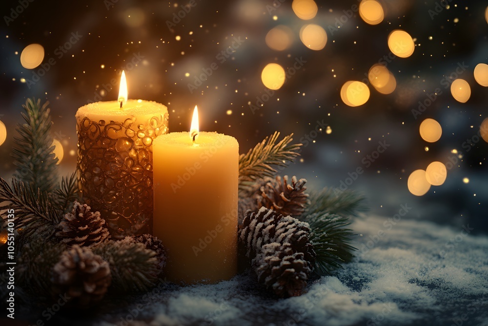 Winter candles and pine branches on table Winter candles and pine branches on table