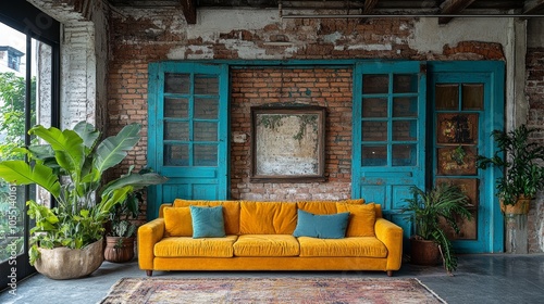 A yellow sofa sits in front of an exposed brick wall with two teal doors and a framed painting. Two large plants are on either side of the sofa.