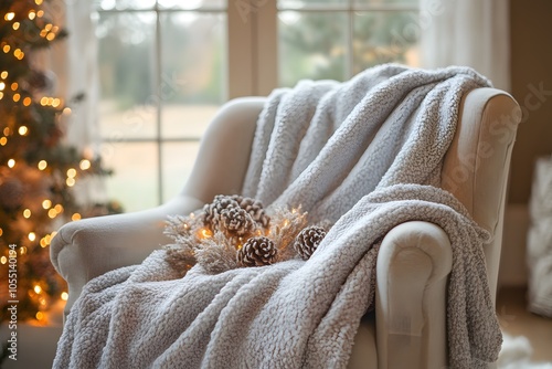 Cozy blanket and holiday decor on chair photo