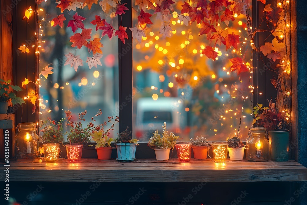 Autumn leaves and fairy lights in window Autumn leaves and fairy lights in window