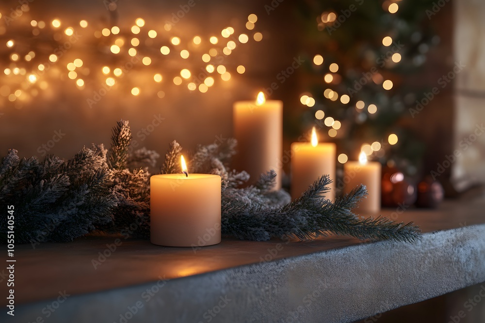 Holiday candles and evergreen branches Holiday candles and evergreen branches