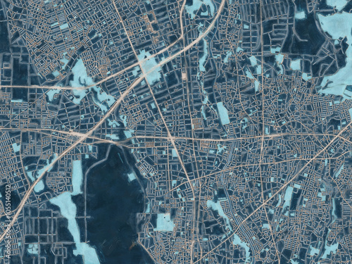 Foto Painterly Style City Map of Yamato, Japan in a Blue Color Scheme.