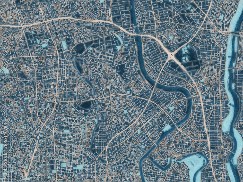 Obraz premium Painterly Style City Map of Yashio, Japan in a Blue Color Scheme.
