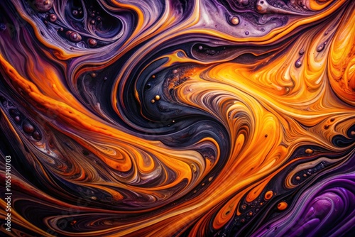 Abstract Swirling Patterns in Purple, Orange, and Black Paint Captured by Drone Photography for Unique Art and Design Inspiration