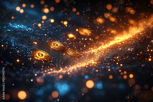 Three golden bitcoins on a blue and orange digital wave.