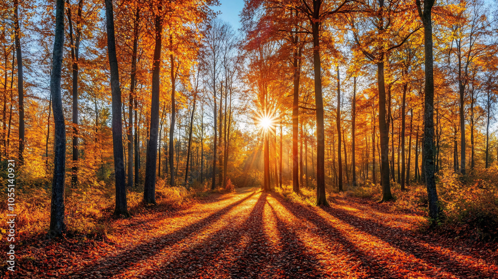 Fototapeta premium autumn forest sunlight path fall colors landscape scene