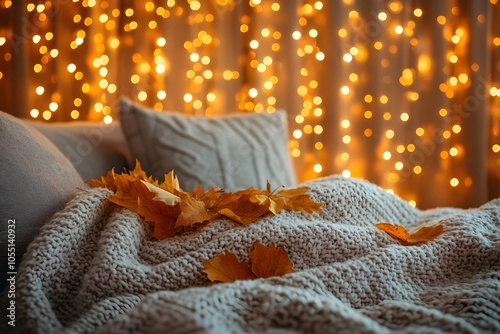 Cozy blanket and autumn leaves on sofa photo