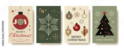 Set of 4 greeting cards for merry christmas. Vintage Retro Christmas Greeting Cards Set. Minimalist Holiday Vector Illustrations with Ornaments, Trees, and Typography	