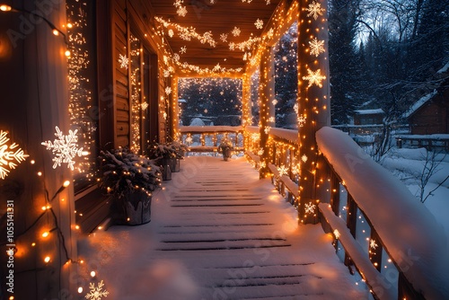 Winter snowflakes and fairy lights on porch