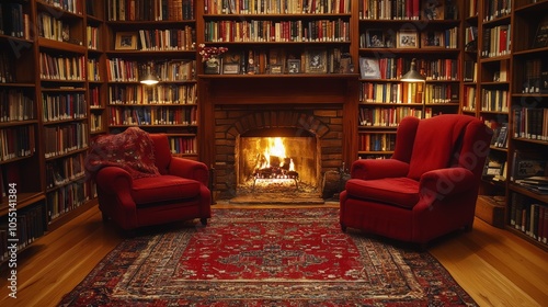 Cozy library with two red armchairs in front of a fireplace, surrounded by bookshelves filled with books.