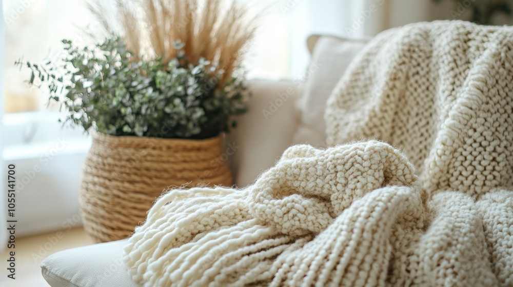 Cozy white knitted throw blanket on a couch with a wicker basket and eucalyptus branches in the background. Cozy white knitted throw blanket on a couch with a wicker basket and eucalyptus branches in the background.