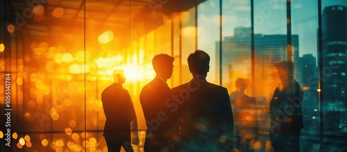 Business Professionals in Modern Office Building with Sunset Reflections on Glass Walls and City Skyline in Background