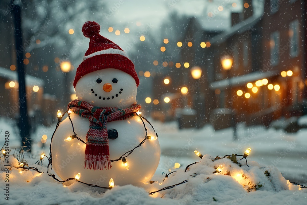 Obraz premium Snowman with holiday accessories and lights