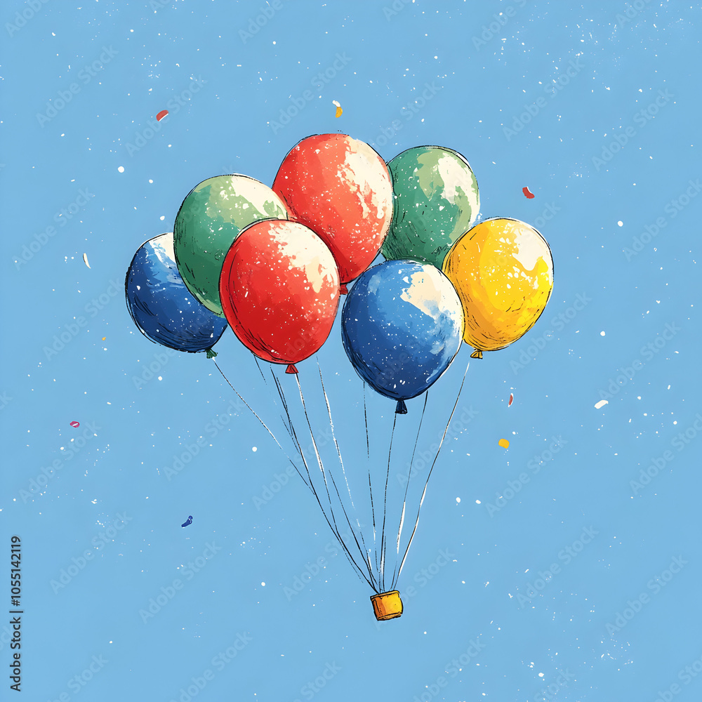 A cluster of colorful balloons float in a blue sky, with confetti scattered around them.