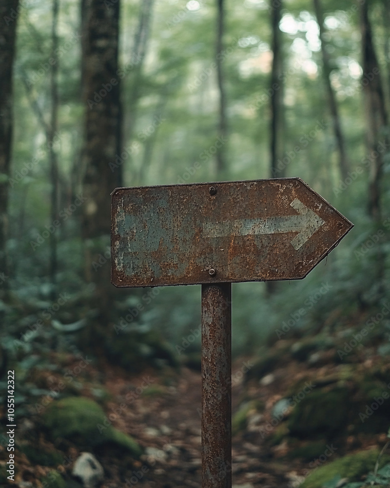 rusty arrow signpost in a deep forest with green trees and natural light background for outdoors adventure concept rusty arrow signpost in a deep forest with green trees and natural light background for outdoors adventure concept