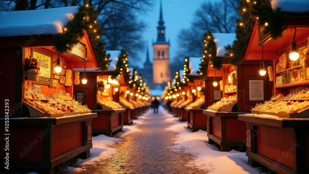 Fototapeta premium Snow-covered Christmas market with warmly lit wooden stalls, festive decorations, and people exploring. A tall tower is visible in the background.