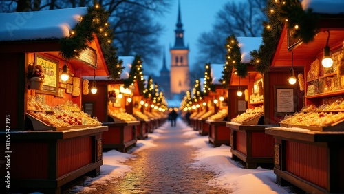 Snow-covered Christmas market with warmly lit wooden stalls, festive decorations, and people exploring. A tall tower is visible in the background.