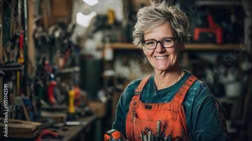 Confident Female Handyman in Workshop with Tools