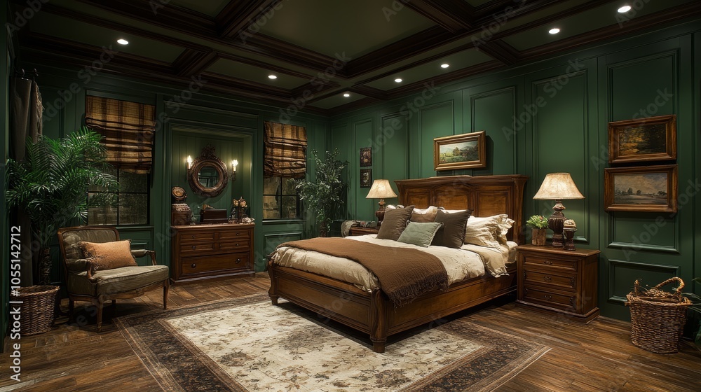 Luxurious bedroom with a green wall, a large bed, and a comfortable armchair. Luxurious bedroom with a green wall, a large bed, and a comfortable armchair.