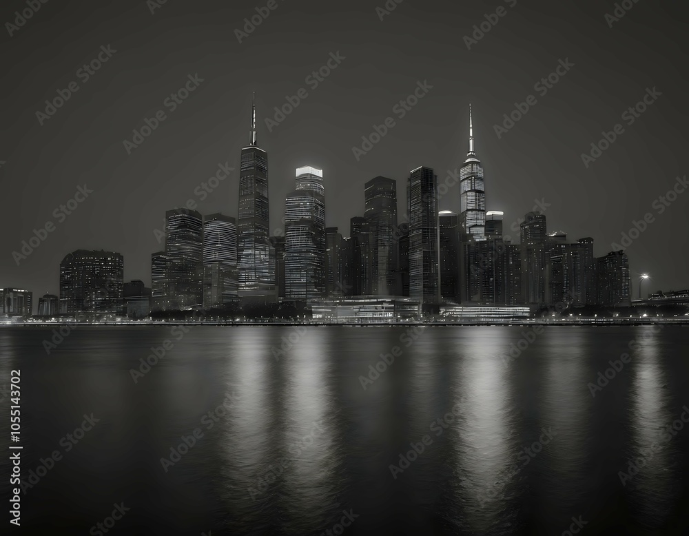 Obraz premium Black and White City Skyline at Night with Reflections on Water, Urban Cityscape Photograph 