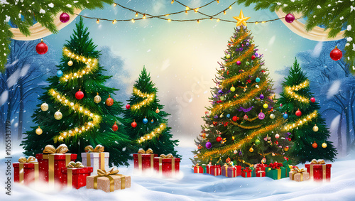 Christmas background with Christmas tree, gifts and lights. Vector illustration. Generative AI