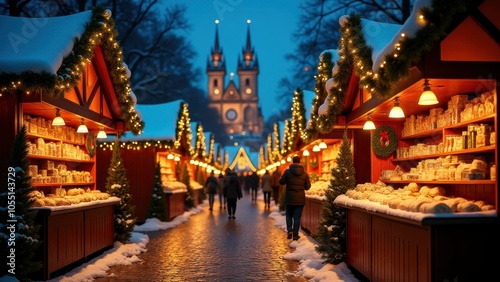 Snow-covered Christmas market with warmly lit wooden stalls, festive decorations, and people exploring. A tall tower is visible in the background.