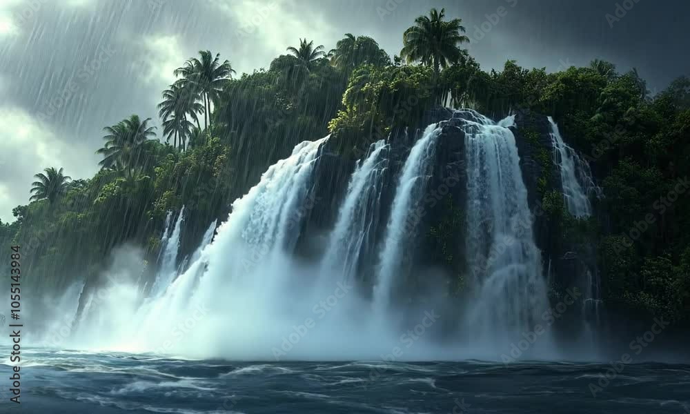 Lush Tropical Island Waterfall with Rain and Ocean Lush Tropical Island Waterfall with Rain and Ocean