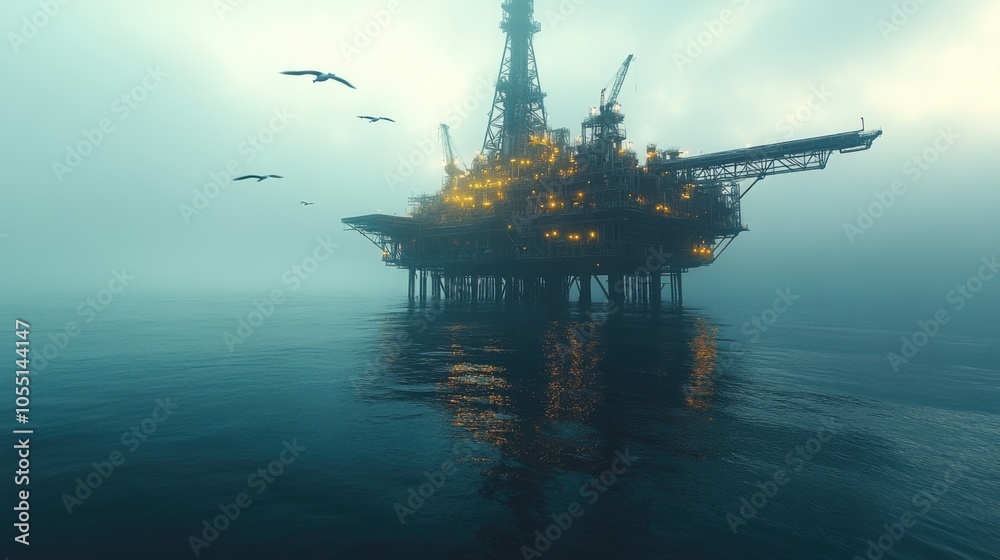 An offshore oil rig illuminated in a foggy environment. An offshore oil rig illuminated in a foggy environment.