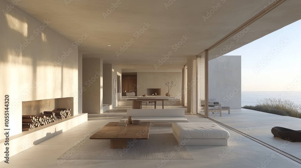 Fototapeta premium Minimalist living room with large windows overlooking the ocean.