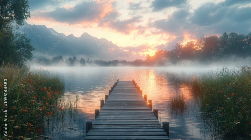 Serene lakeside view at sunset with mist and mountains. Serene lakeside view at sunset with mist and mountains.