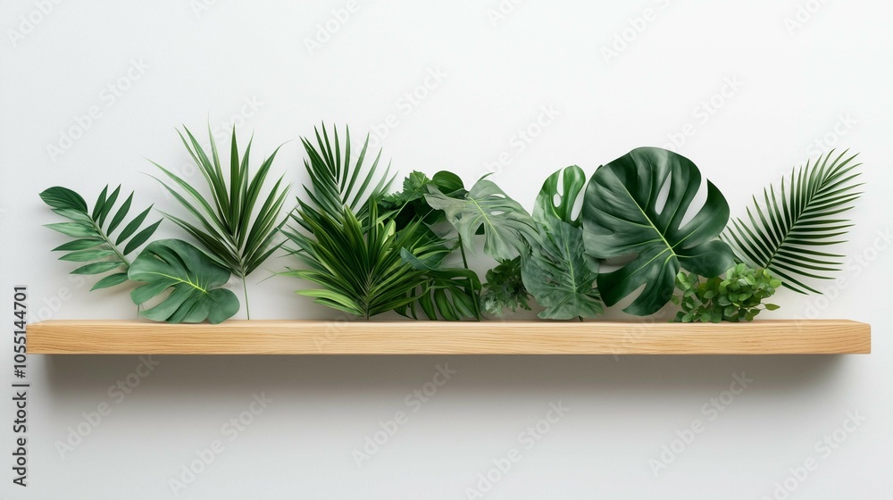 empty natural wooden shelf with lush green tropical leaves
empty natural wooden shelf with lush green tropical leaves