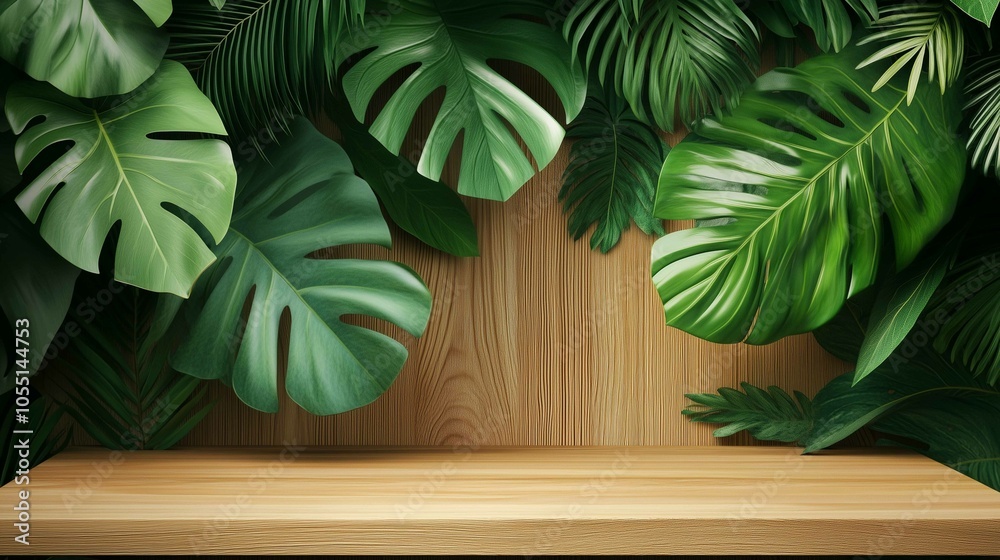 empty natural wooden shelf with lush green tropical leaves
empty natural wooden shelf with lush green tropical leaves
