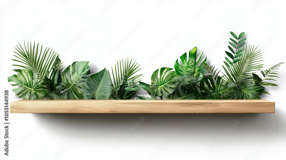 empty natural wooden shelf with lush green tropical leaves
empty natural wooden shelf with lush green tropical leaves